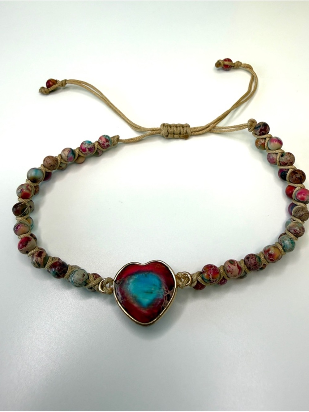 Handcrafted Multicolor Beaded Bracelet with Red & Turquoise Heart Charm
